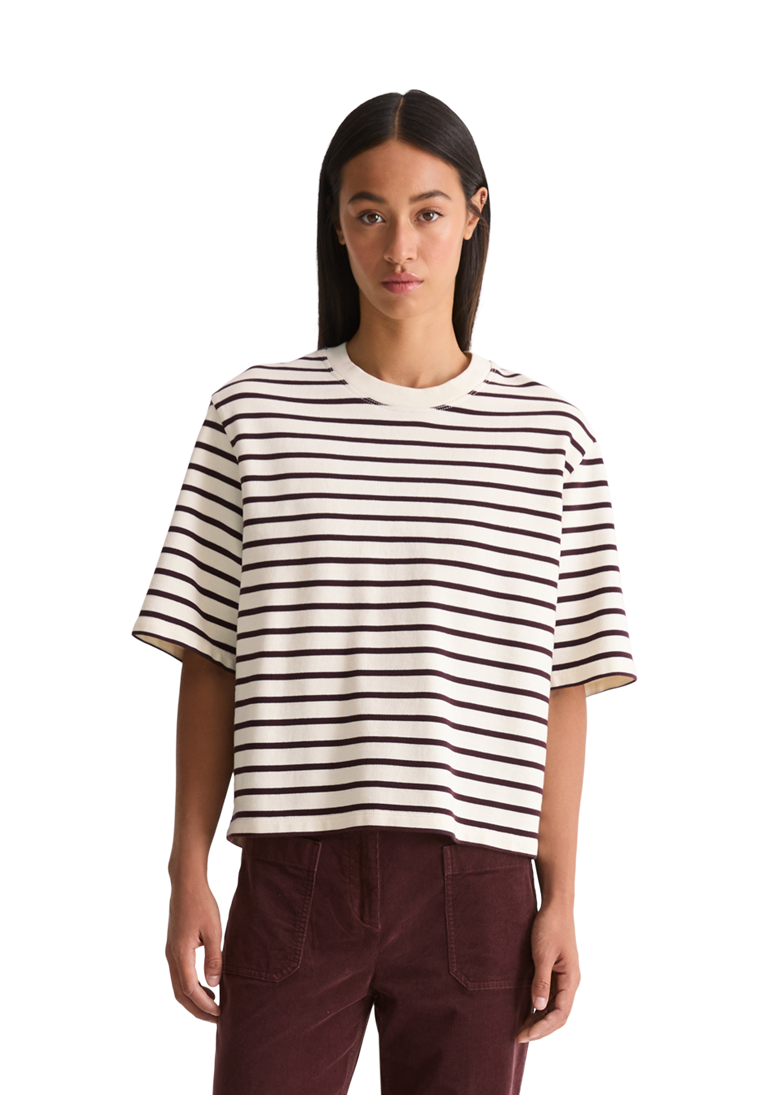 Sweat-shirt rayé à manches courtes cropped en sweat léger, MARC O'POLO