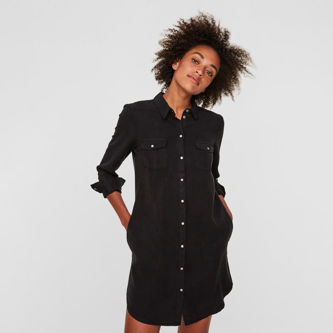 Button-Through Mini Shirt Dress with Long Sleeves, black, VERO MODA