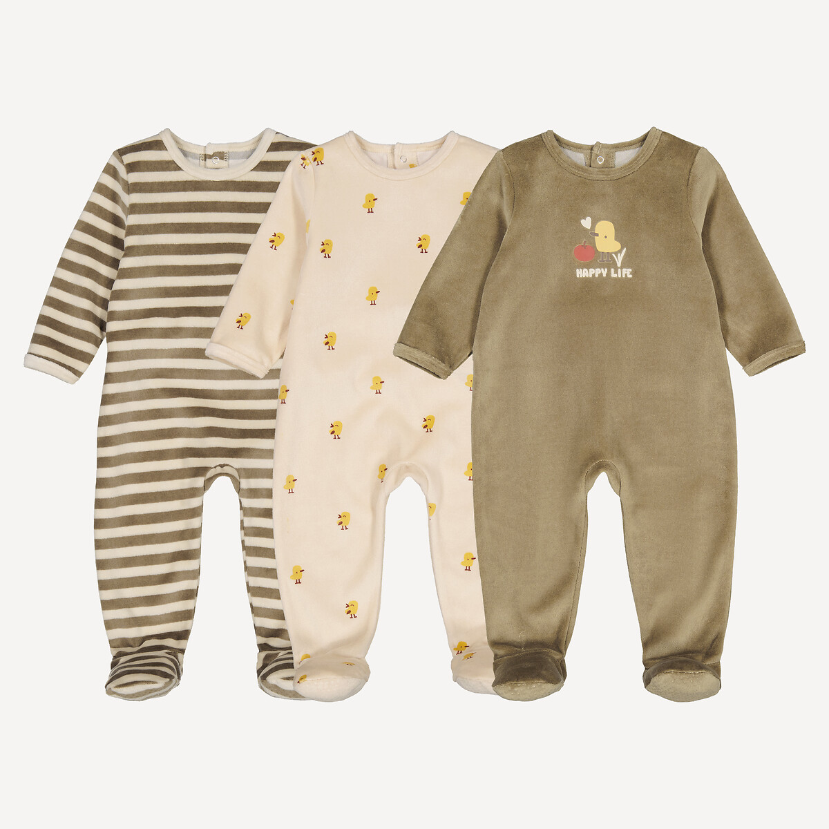 Lot de 3 pyjamas 1 pièce en velours, motif poussin