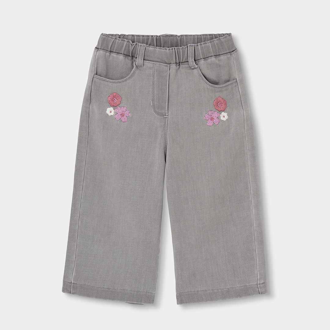 Pantalon fille denim brodé de fleurs, BOBOLI