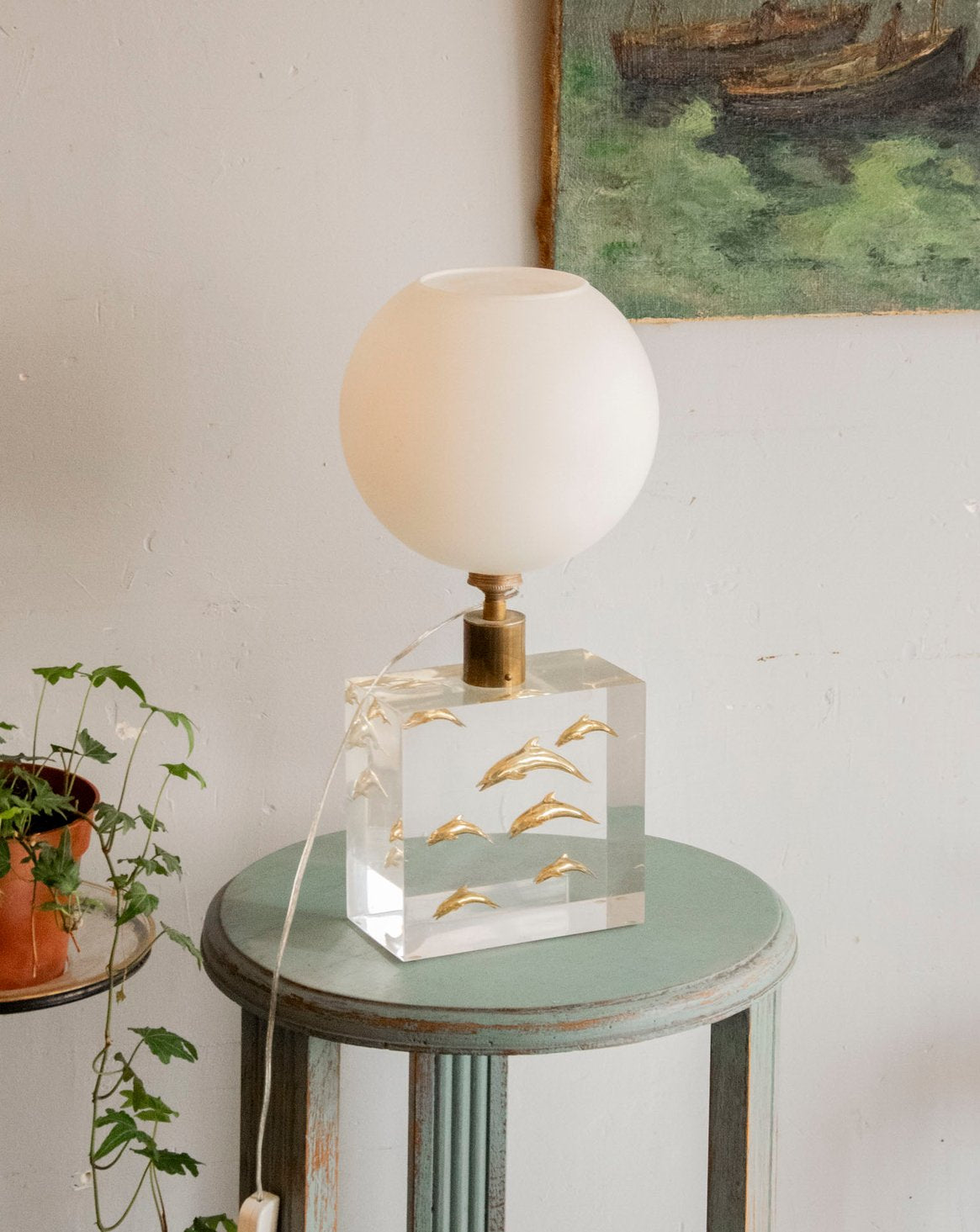 Lampe aux dauphins sculptés Suzanne N°642 - Bon état, DEBONGOUT