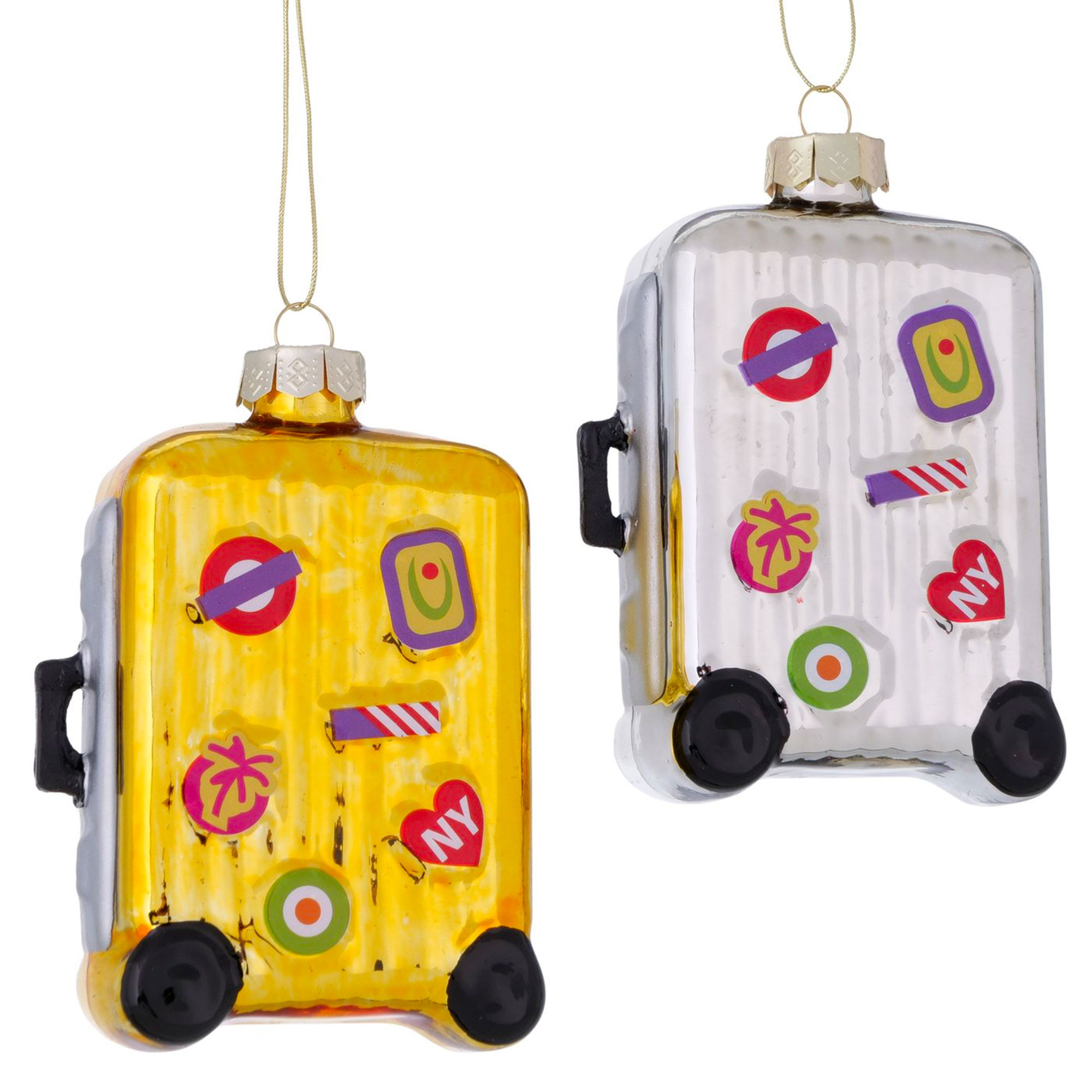 Set de 2 boules de Noël valises de voyage en verre laqué 8x4x12.5cm, WADIGA