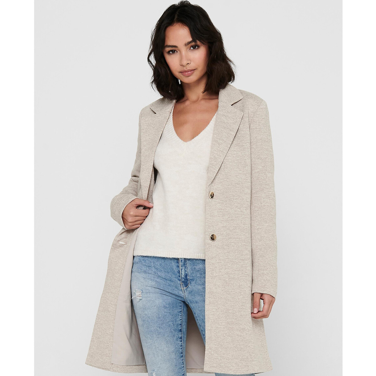 Image of Mid-Length Straight Coat in Cotton Mix with Tailored Collar