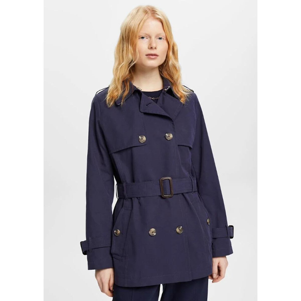 Mid-length trench coat in cotton mix with belt, navy blue, Esprit | La ...