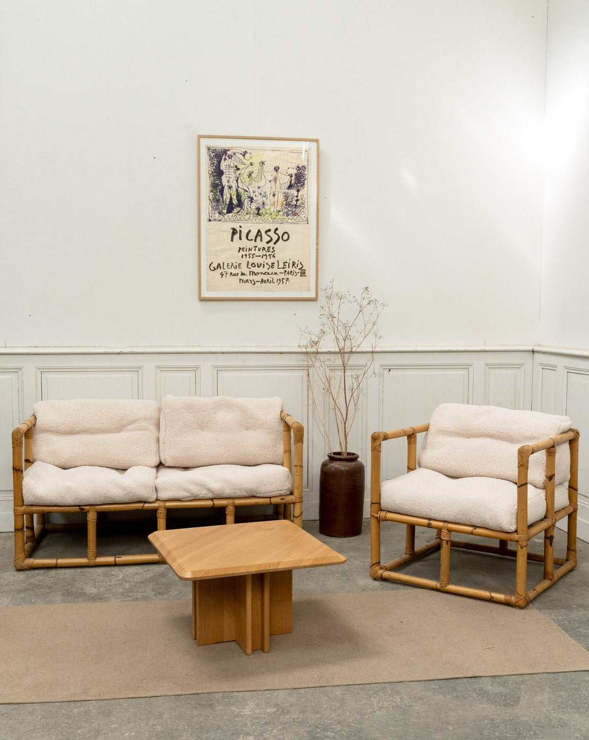 Salon en bambou et tissu Jacques N°142 - Bon état, DEBONGOUT