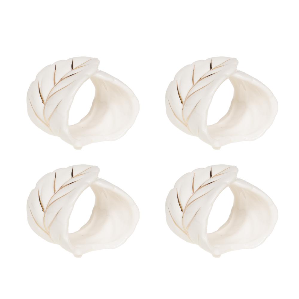 Coffret de 4 ronds de serviettes feuille blanche en céramique, AMADEUS