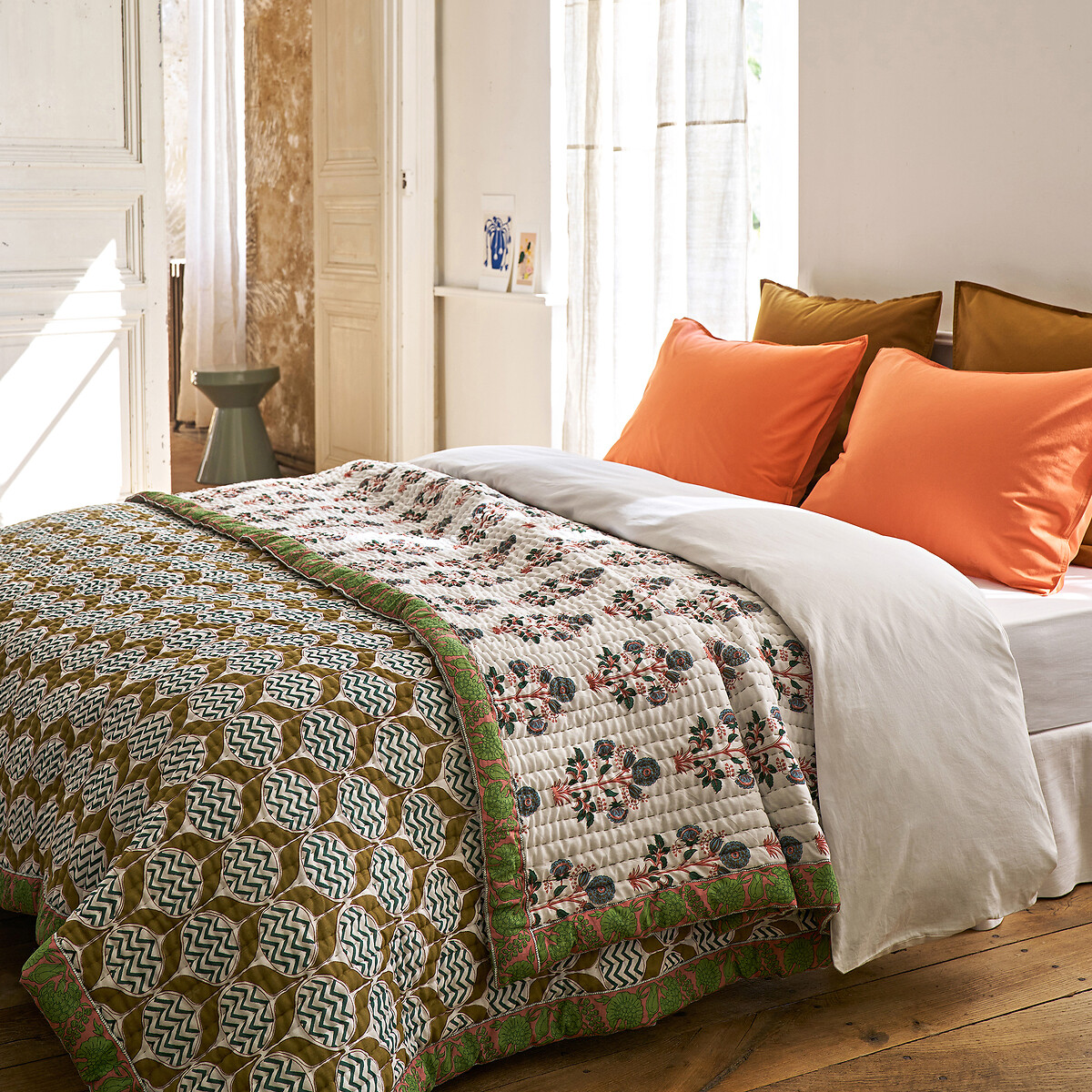 Housse De Couette Indienne Kantha - Sari Soie Patchwork - Lit King Size - Vintage, Fait Main - Vert