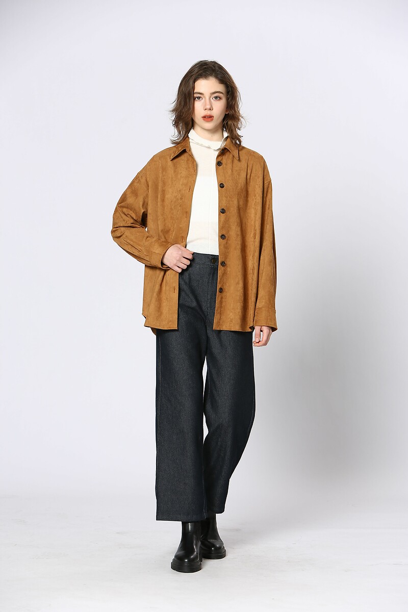 Faux Suede Shacket with Button Fastening, SEE U SOON