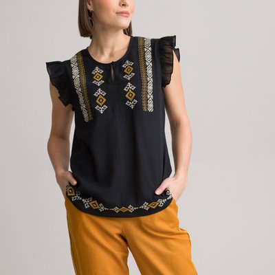 Embroidered Cotton Sleeveless Blouse with Ruffles and Crew Neck ANNE WEYBURN