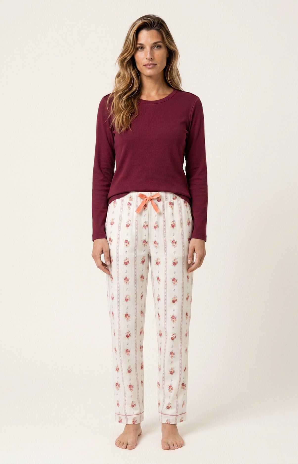 Tee-shirt manches longues en jersey de coton et modal couleur unie Burgundy, ARTHUR
