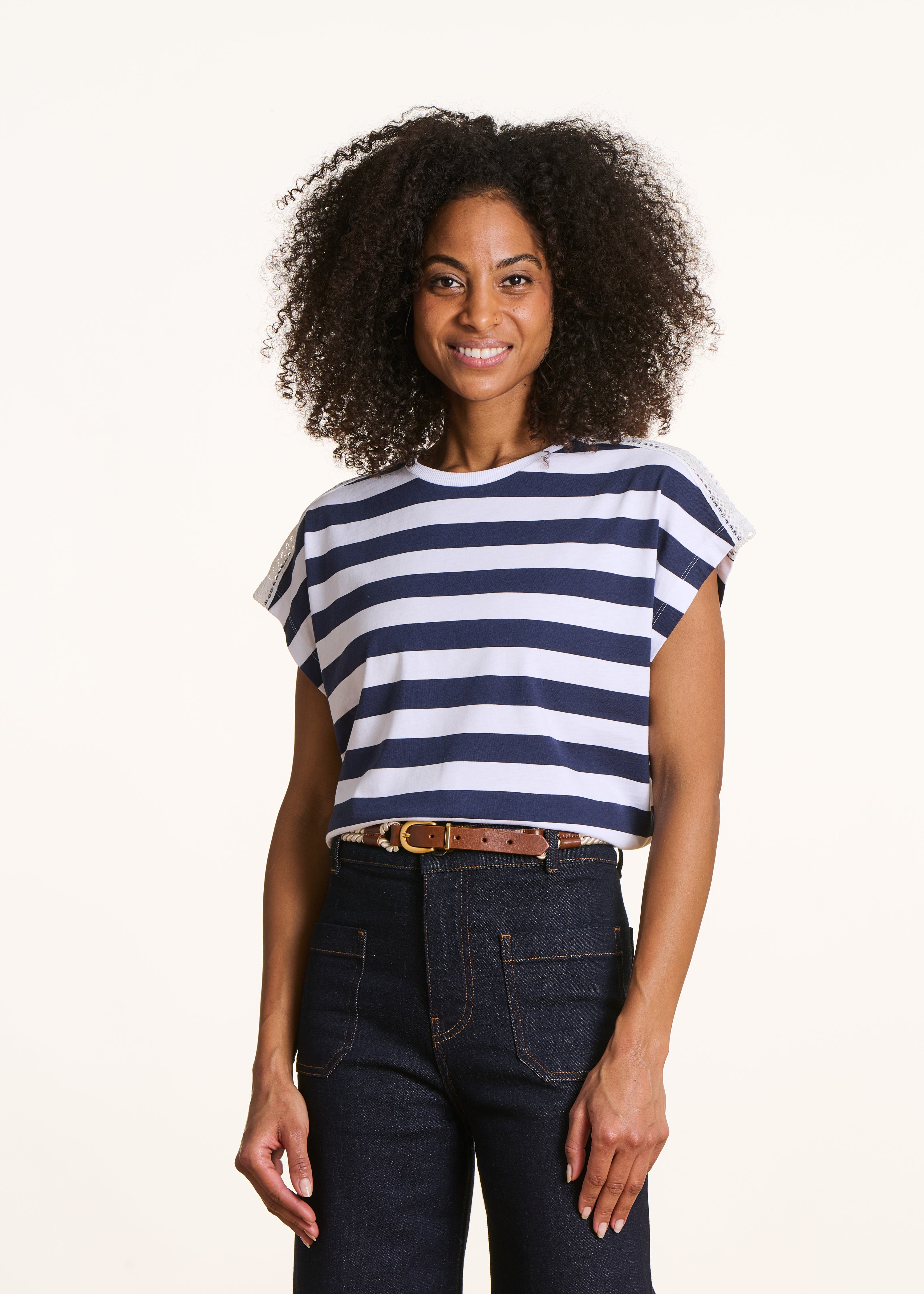 T-shirt marinière manches courtes avec dentelle, LA FEE MARABOUTEE