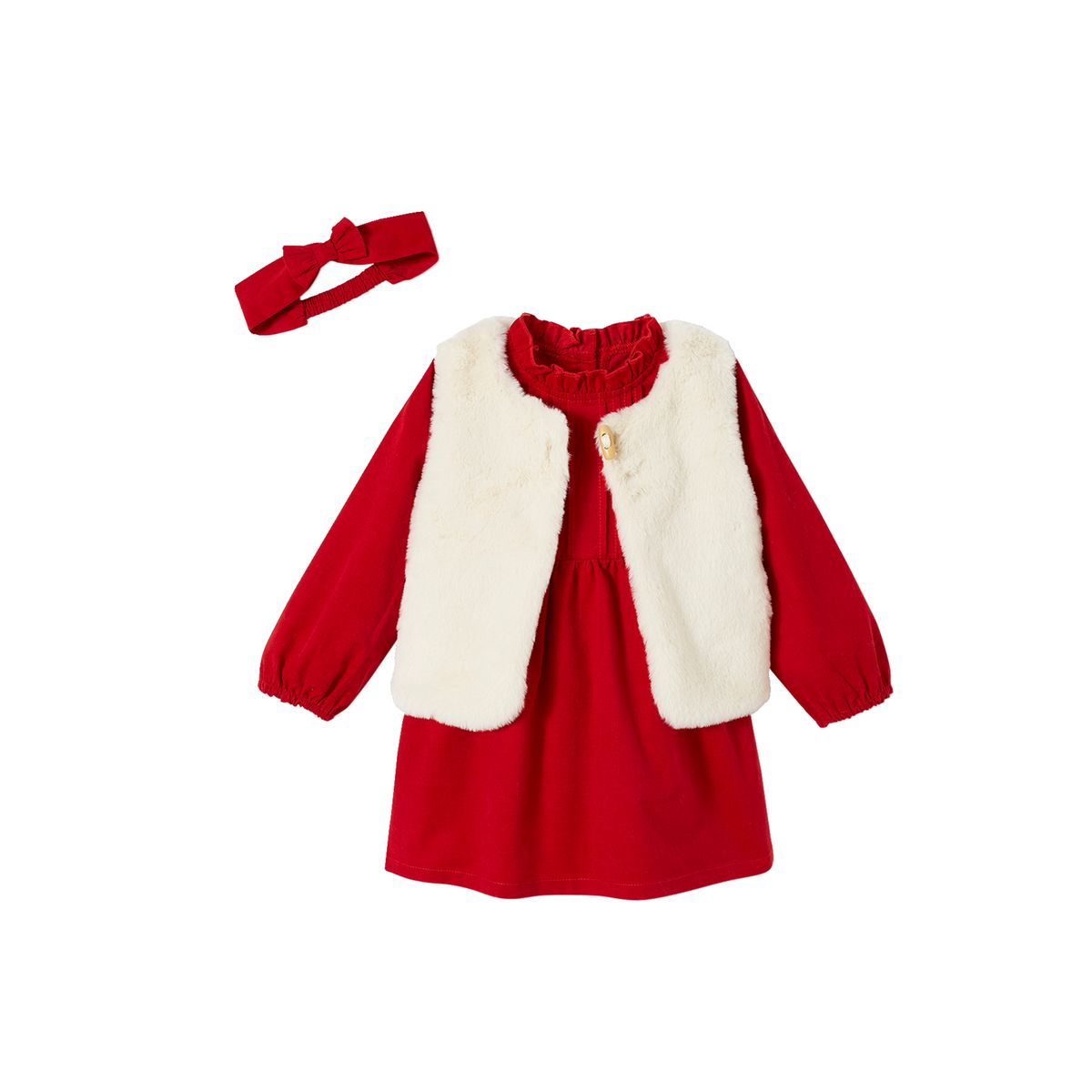 Ensemble de Noël bébé : robe, gilet en imitation fourrure, collants et bandeau assorti, VERTBAUDET