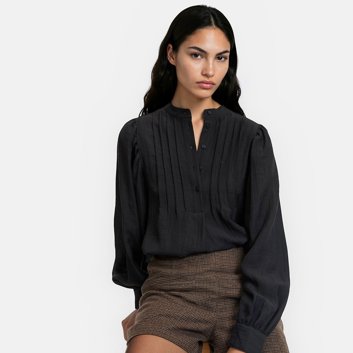 Overhemd met ronde hals, knoopsluiting en lange mouwen, LA REDOUTE COLLECTIONS