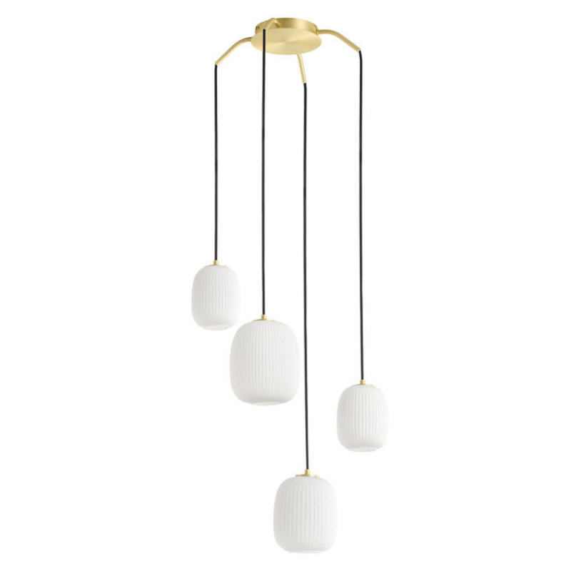 Suspension 4 lampes verre opale cannelé Jap laiton, MILLUMINE