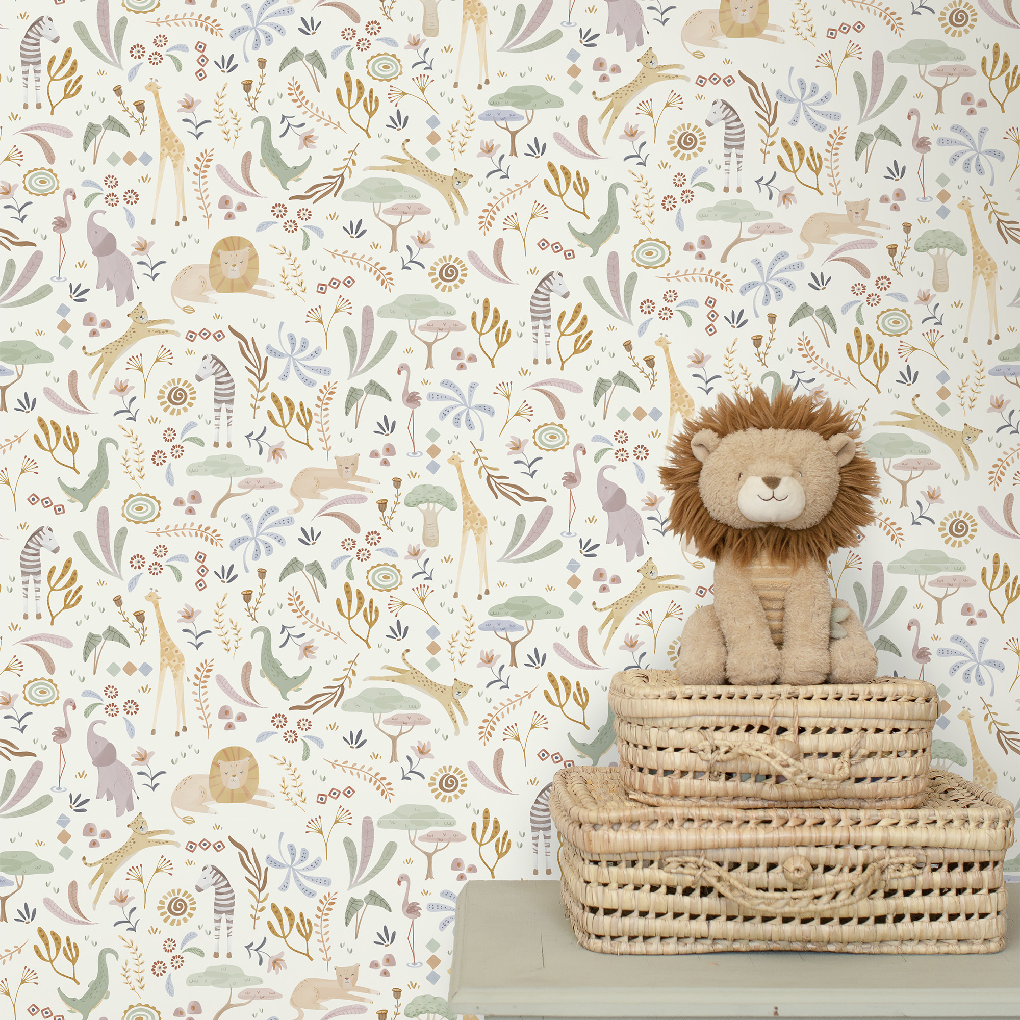 Papier peint fleuri pour enfant Petits animaux de la savanne, LITTLE DUTCH