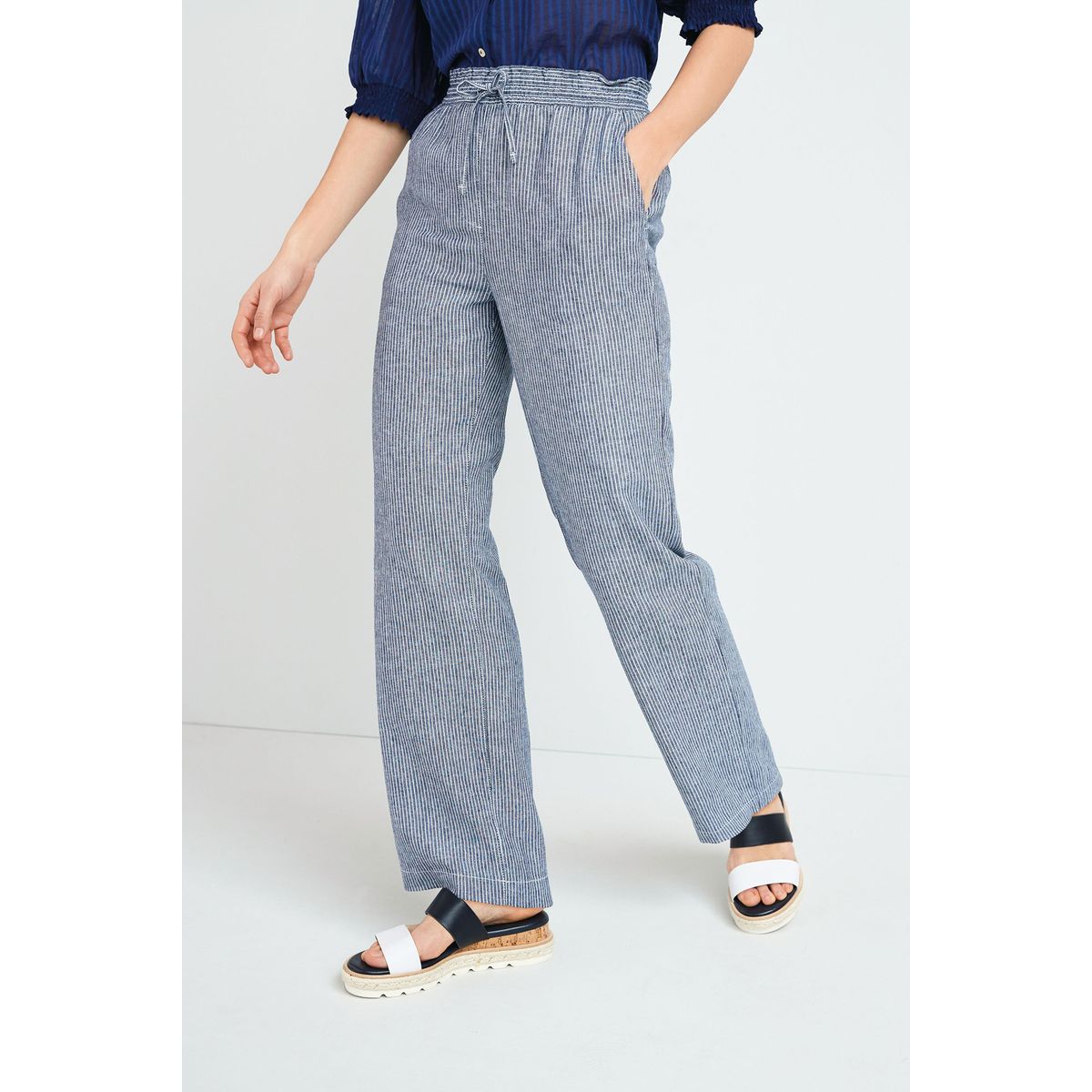 pantalon lin bleu femme