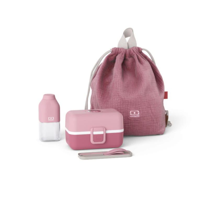 Set lunch box enfant 800ml Rose + Bouteille 330 ml + Sac à dos + Couverts, MONBENTO
