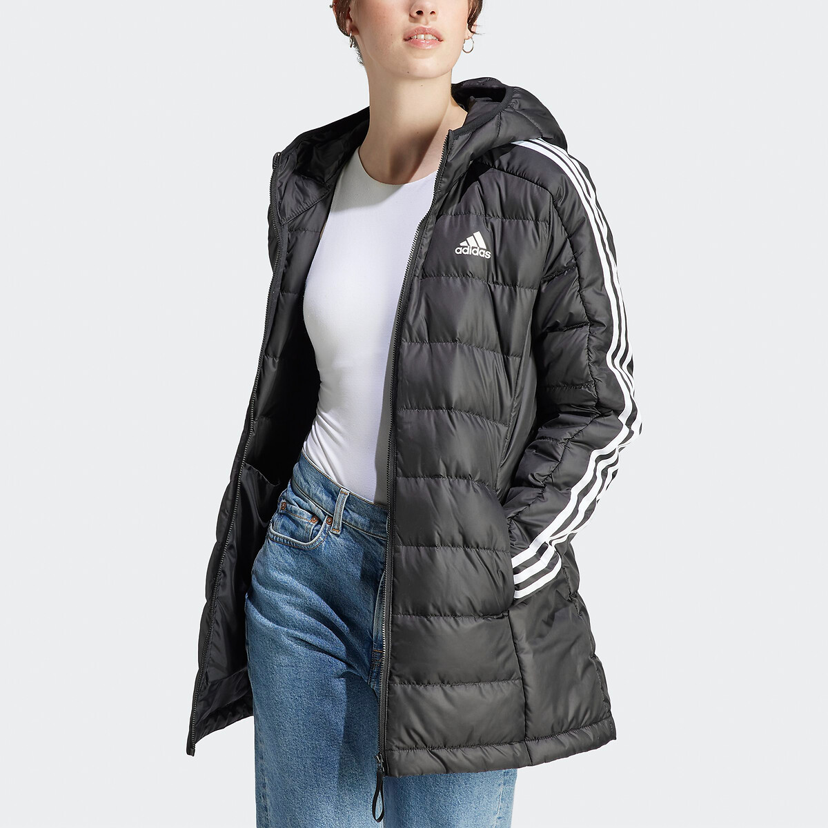Essentials 3-Stripes Long Hooded Padded Jacket