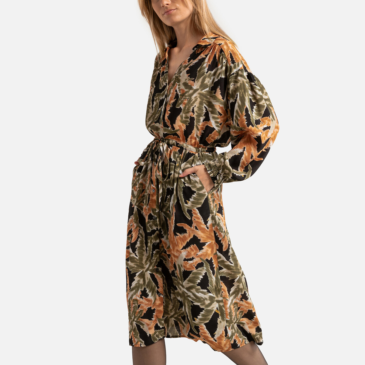 Printed Midi Dress with Long Sleeves