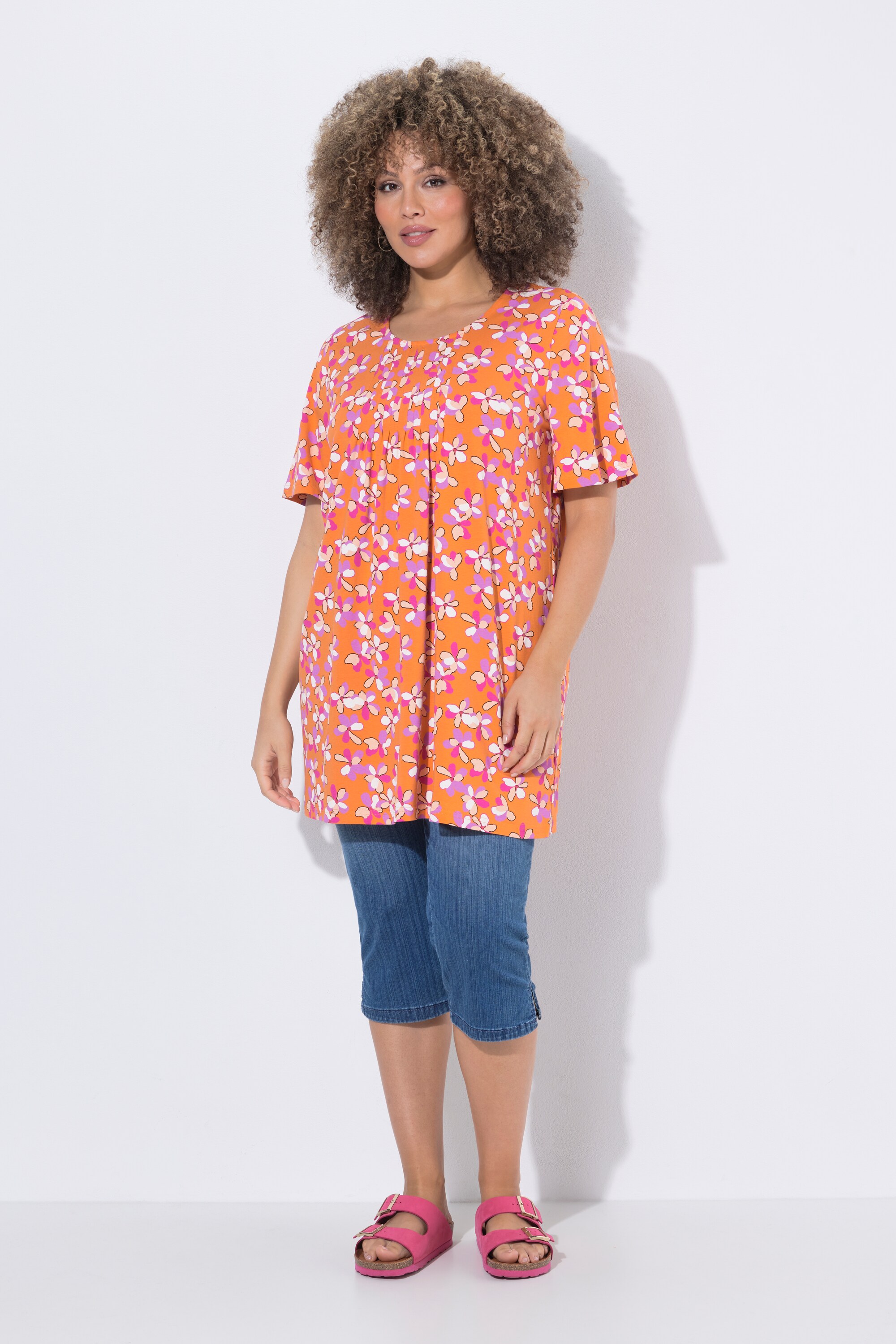T-shirt long motif à fleurs, plis fantaisie, ULLA POPKEN