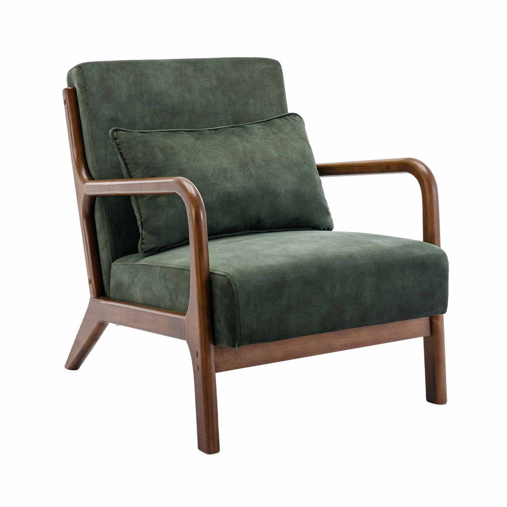 Fauteuil scandinave bois d'hévéa teinté noyer clair et velours LORENS, SWEEEK