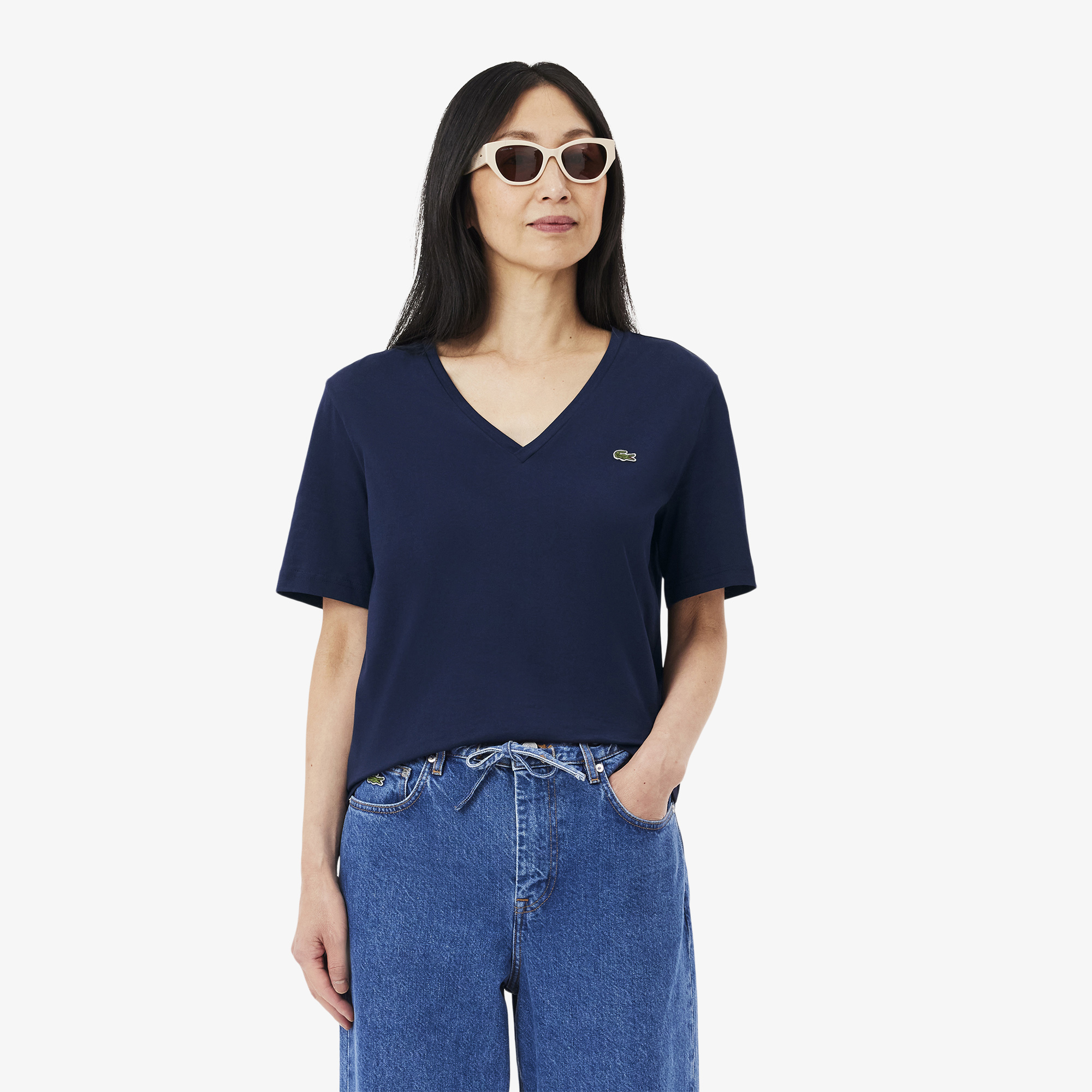 T-shirt relaxed fit coton doux col V, LACOSTE