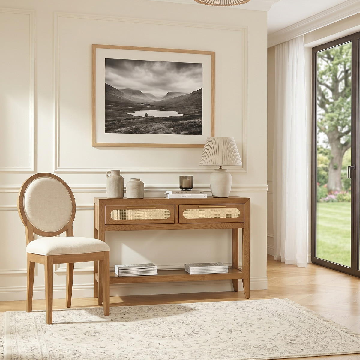 Console style contemporain, plateau en chêne, 2 tiroirs en rotin MONTANA, ROBIN DES BOIS