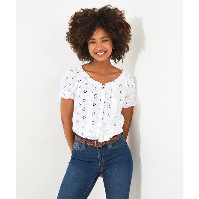 Embroidered Cotton Blouse with Crew Neck JOE BROWNS