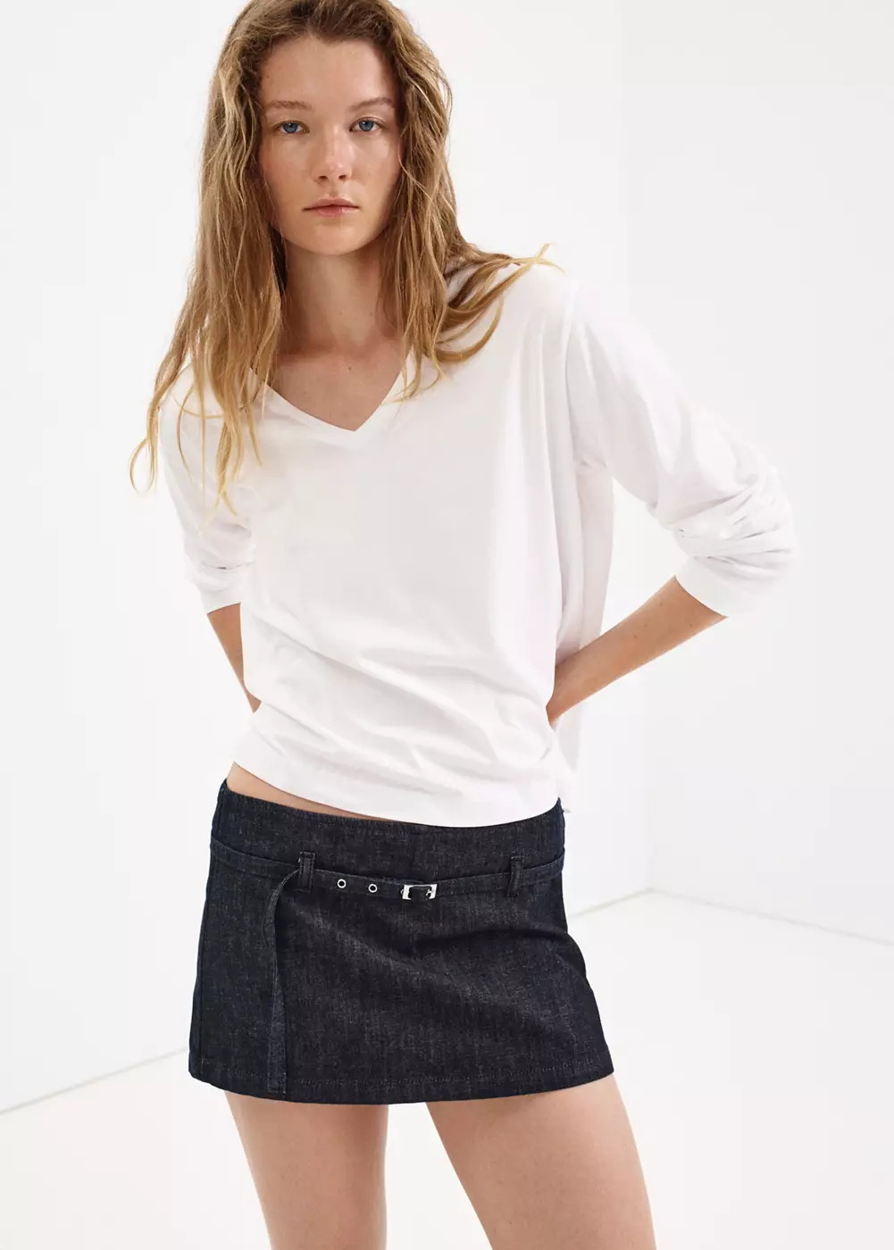 Jupe-short en denim avec ceinture, MANGO