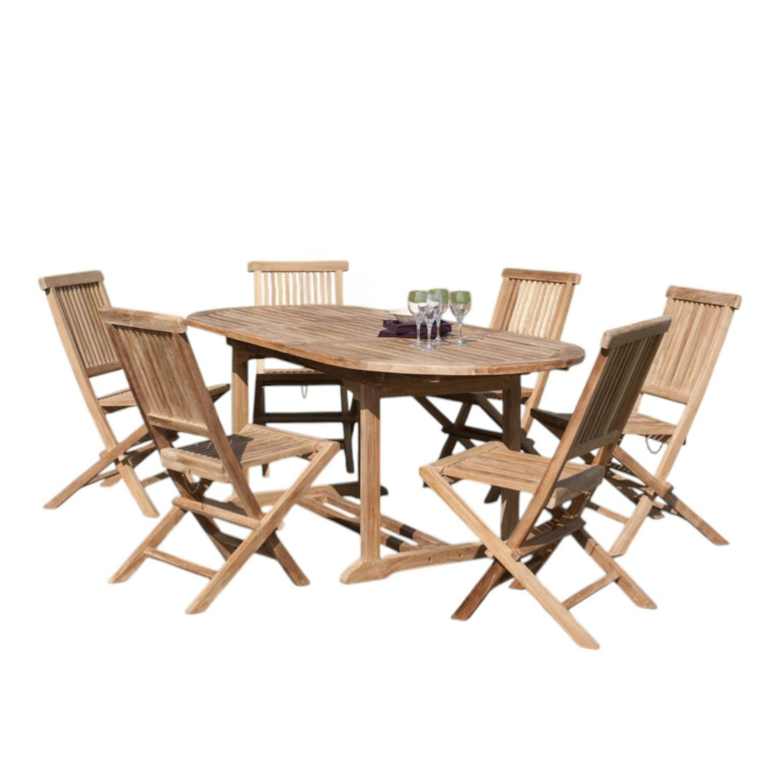 Salon de jardin table d'extérieur extensible ovale 150/200x90cm 6 chaises pliantes en bois de teck SUMMER, PIER IMPORT