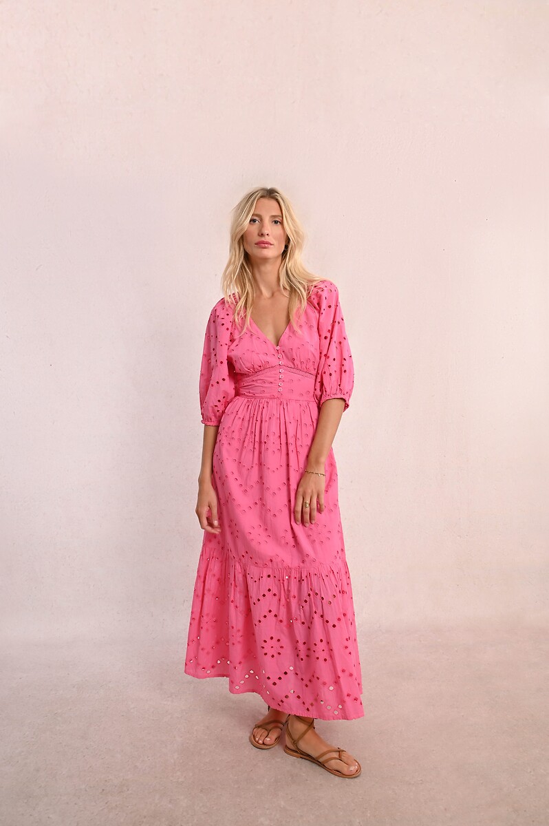 Embroidered Long Dress with Short Sleeves, MOLLY BRACKEN