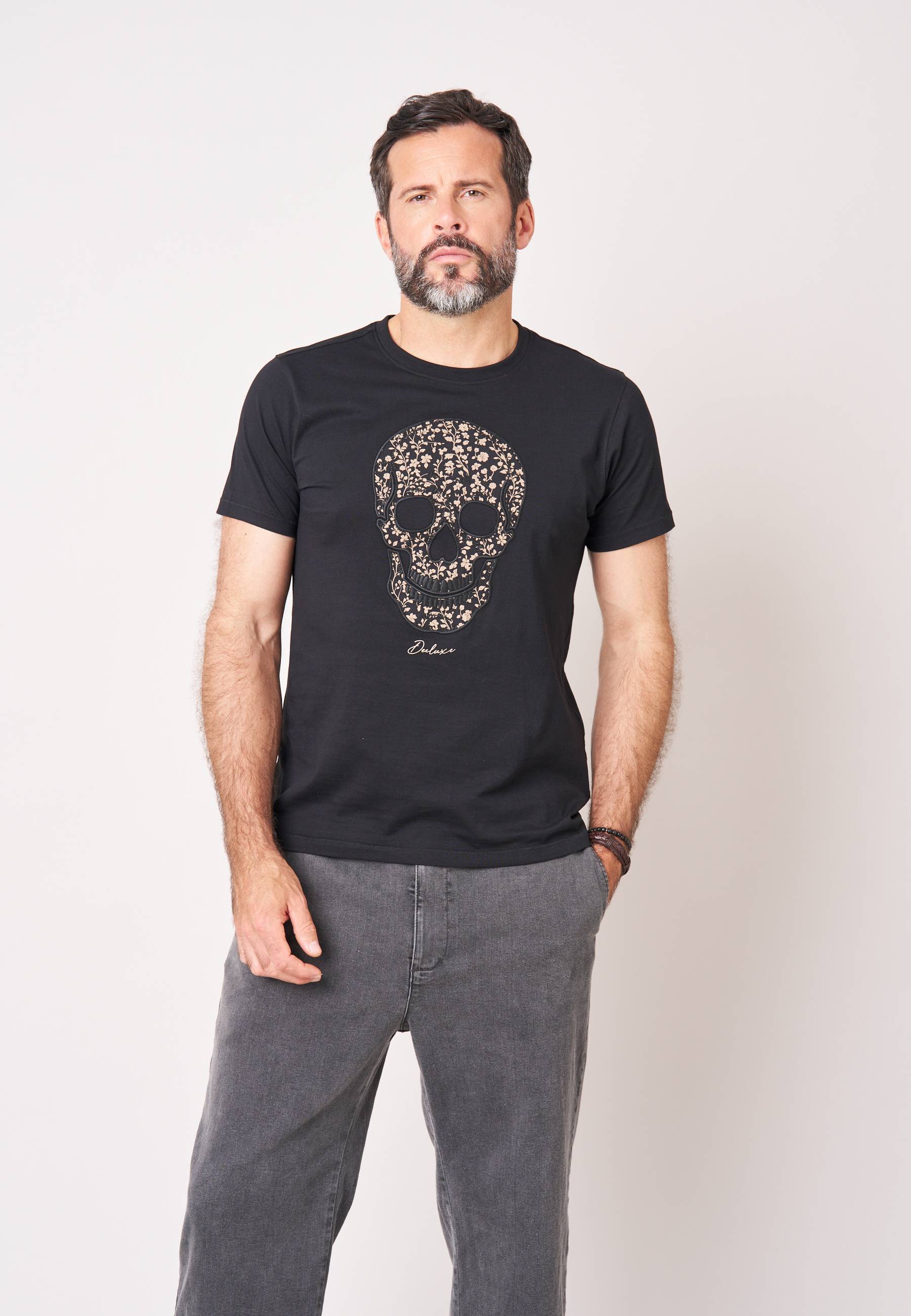 T-shirt regular homme en jersey 100% coton imprimé tête de mort à motif floral SHADOW, DEELUXE