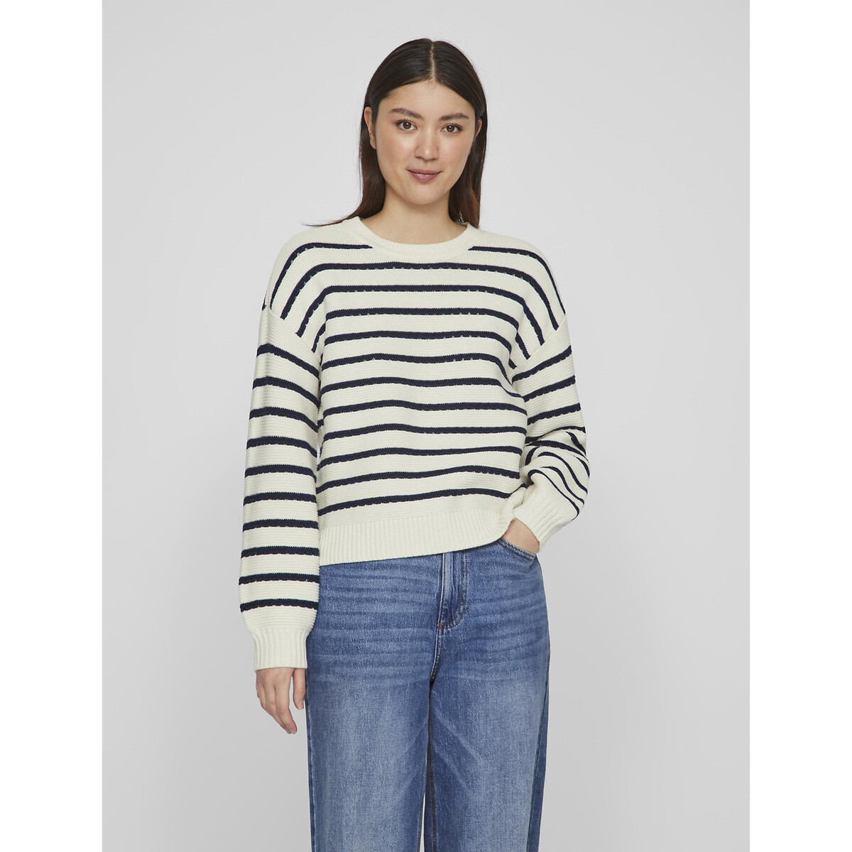 Striped Cotton Mix Jumper in Openwork Knit with Balloon Sleeves
