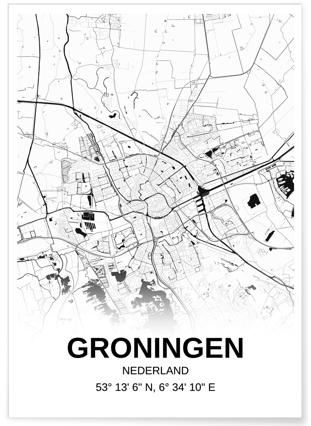 Affiche carte Groningen - rectangle Noir et Blanc, L'AFFICHERIE