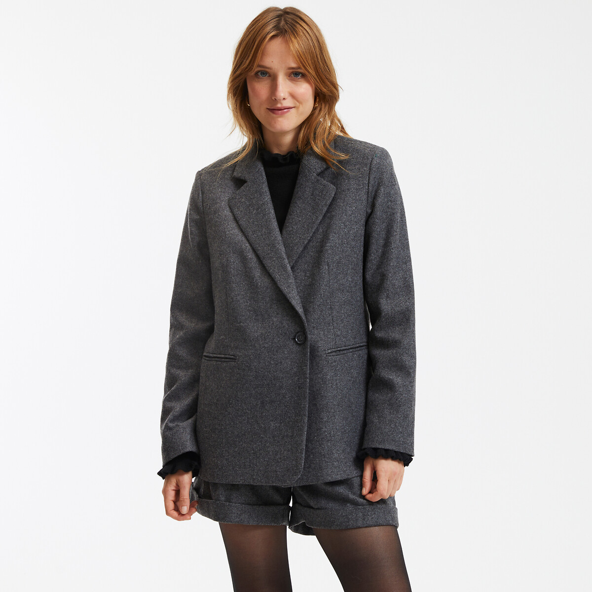 Long oversize blazer in wool mix dark grey marl La Redoute Collections La Redoute