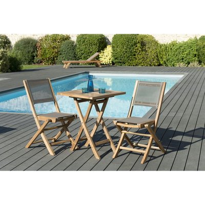 Salon de jardin bois de teck table de jardin pliante carrée 60x60cm + 2 chaises pliantes textilène SUMMER PIER IMPORT