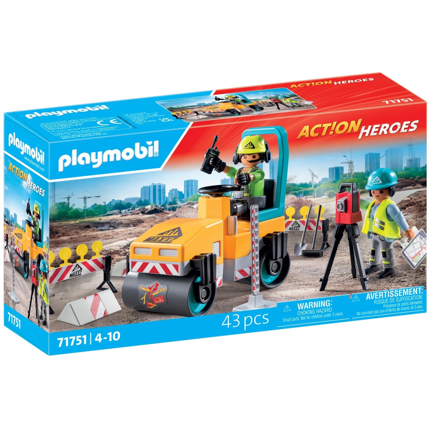 Heroes Ouvriers avec rouleau compresseur et signalisation, PLAYMOBIL