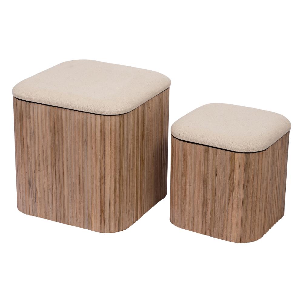 Lot de 2 tabourets carrés en teck et tissu camel 35 x 35 cm, AMADEUS