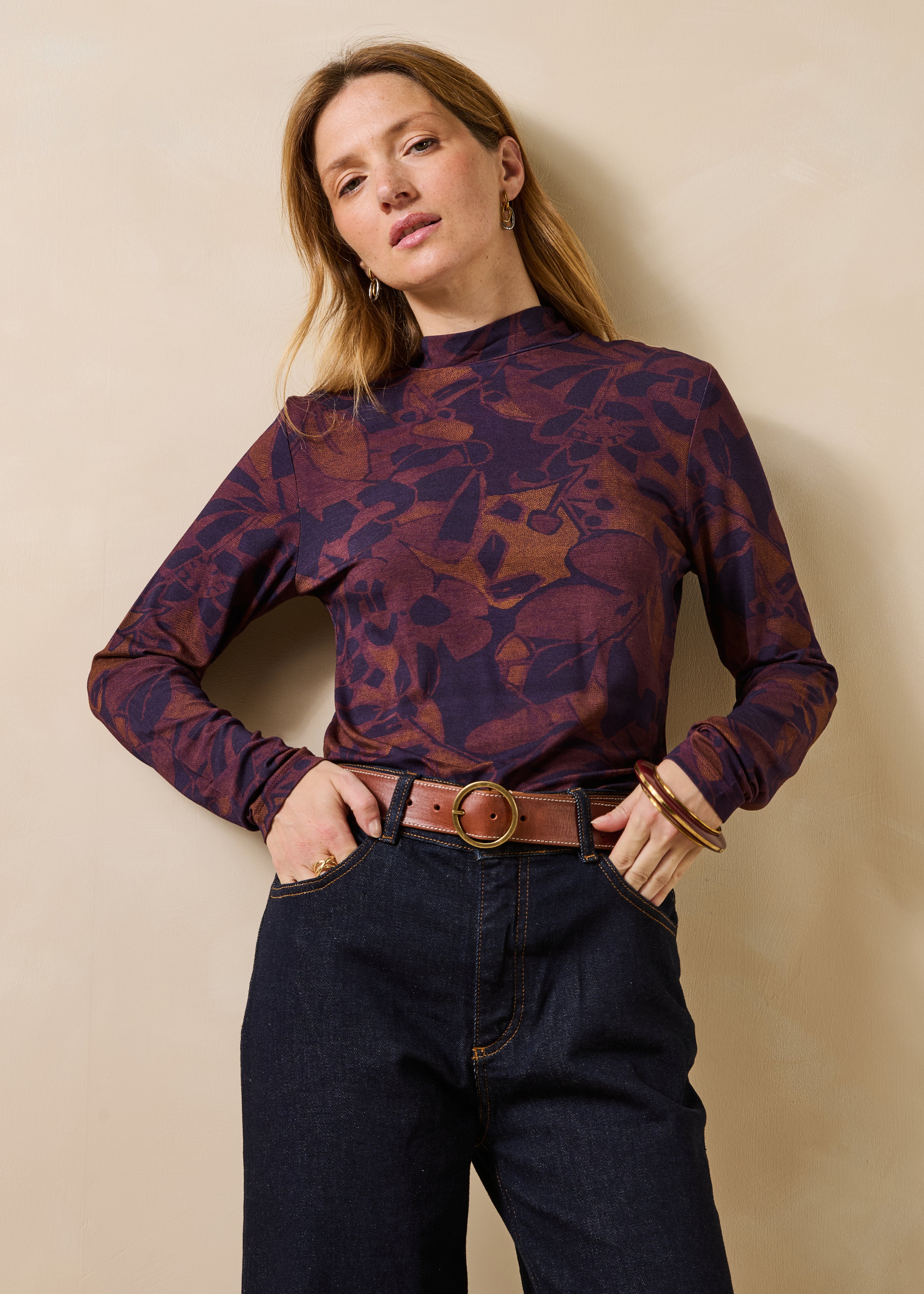 T-shirt manches longues col montant à imprimé floral, LA FEE MARABOUTEE