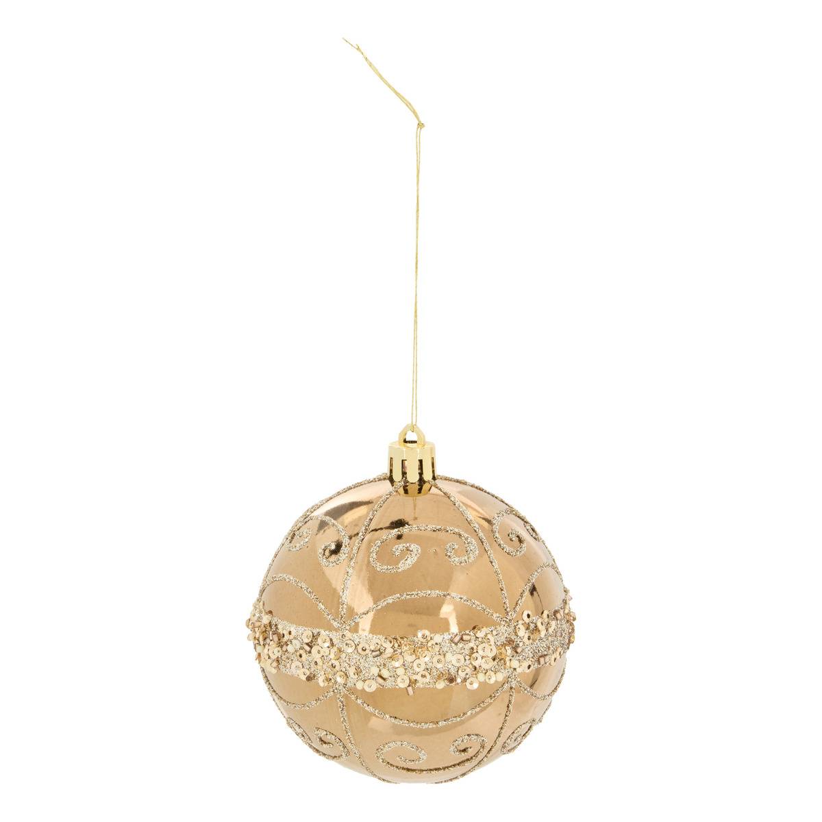 Boule de Noël en plastique marron décor doré D. 80 mm, FEERIC LIGHTS & CHRISTMAS
