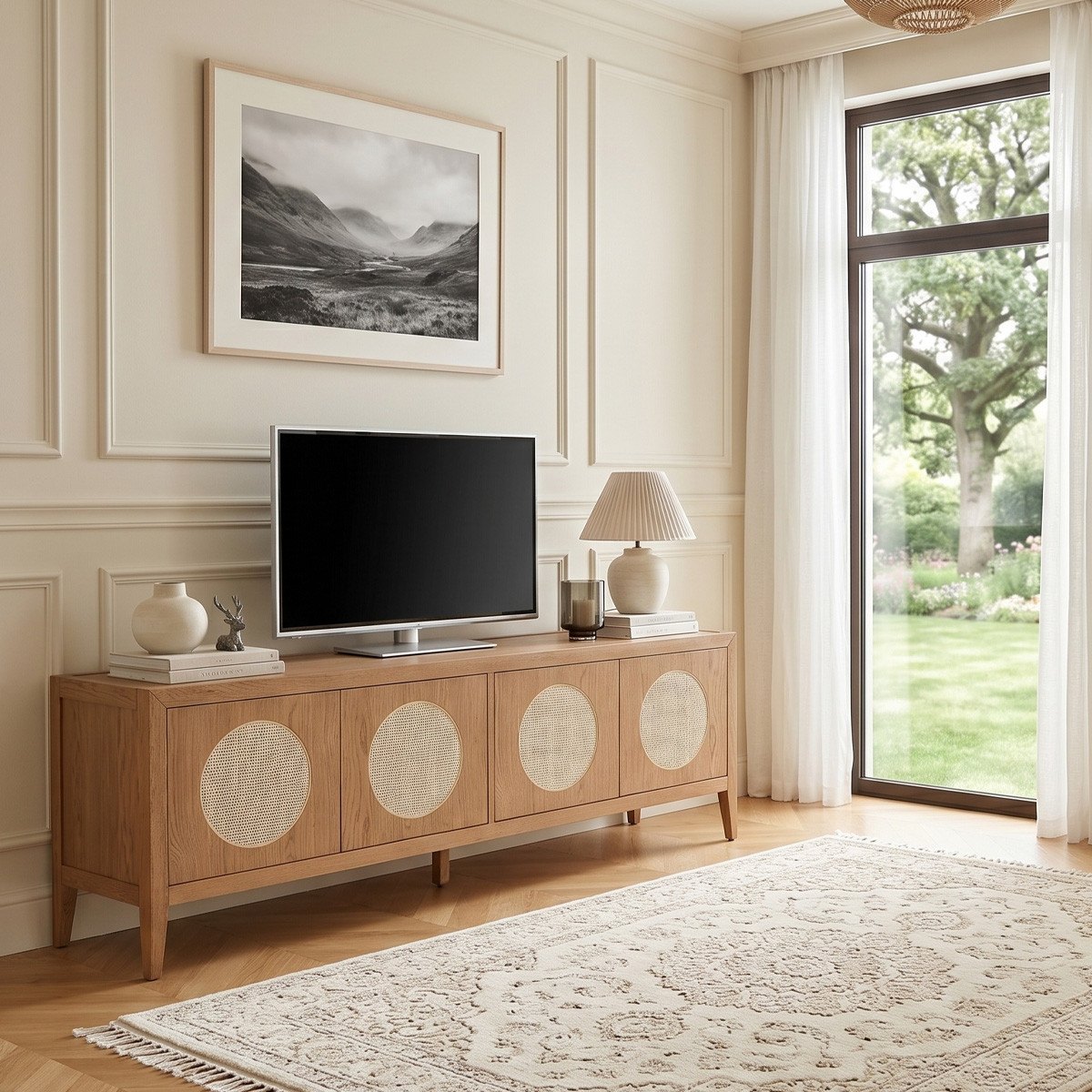 Meuble TV style contemporain, 4 portes en chêne et cannage MONTANA, ROBIN DES BOIS