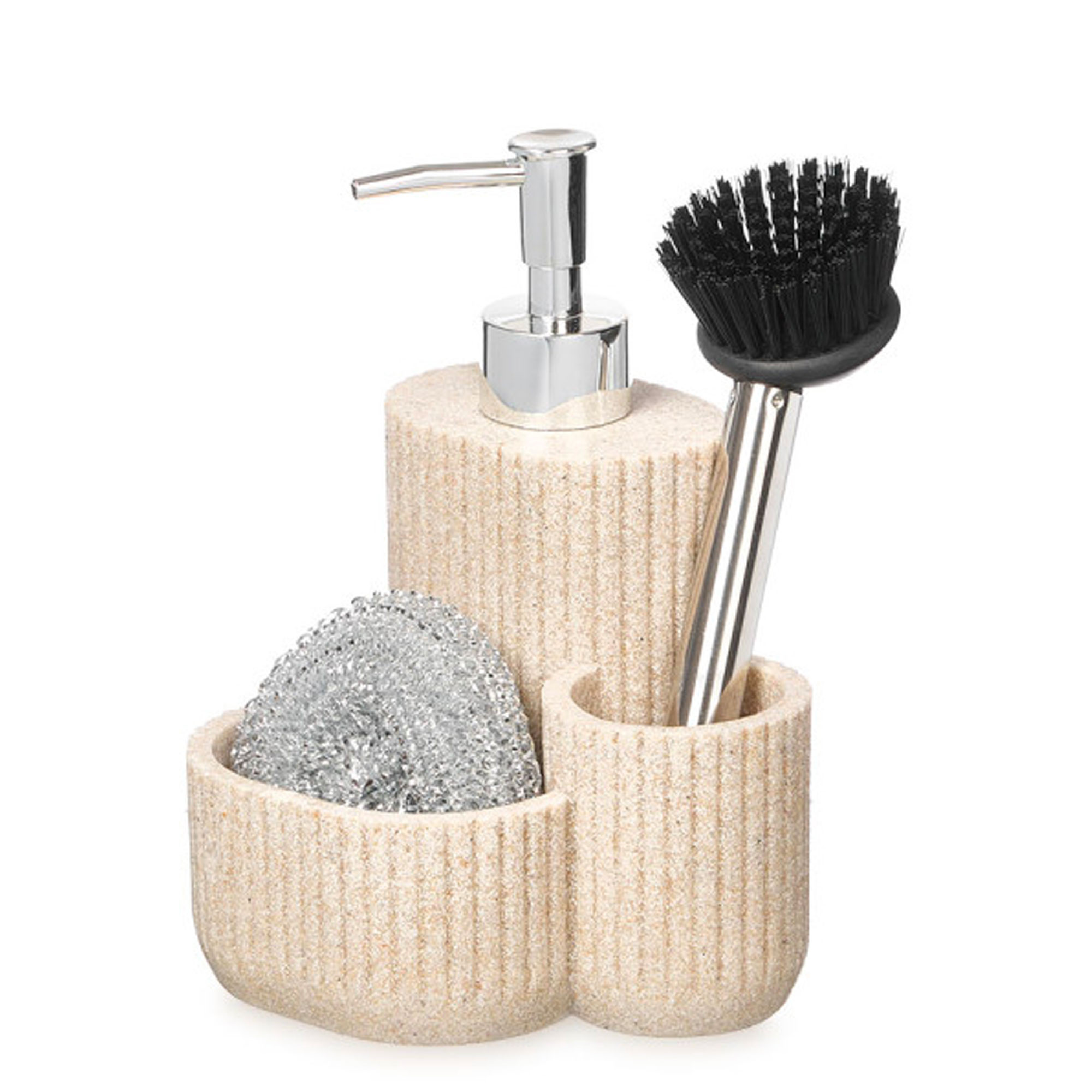 Distributeur liquide vaisselle + porte éponges polyrésine beige 11.5x13x19cm, WADIGA