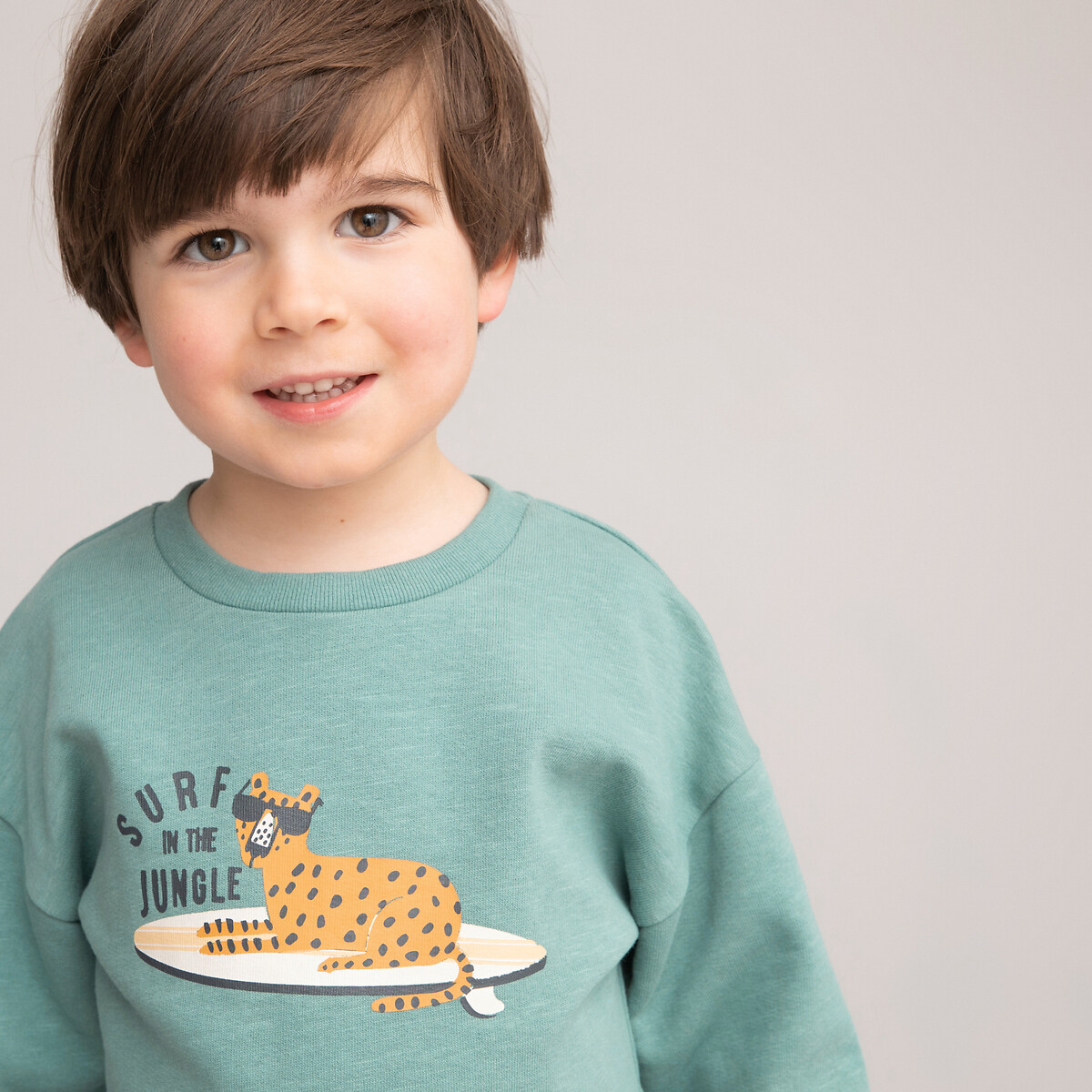 Cotton crew neck sweatshirt with leopard print on the front, blue/green ...