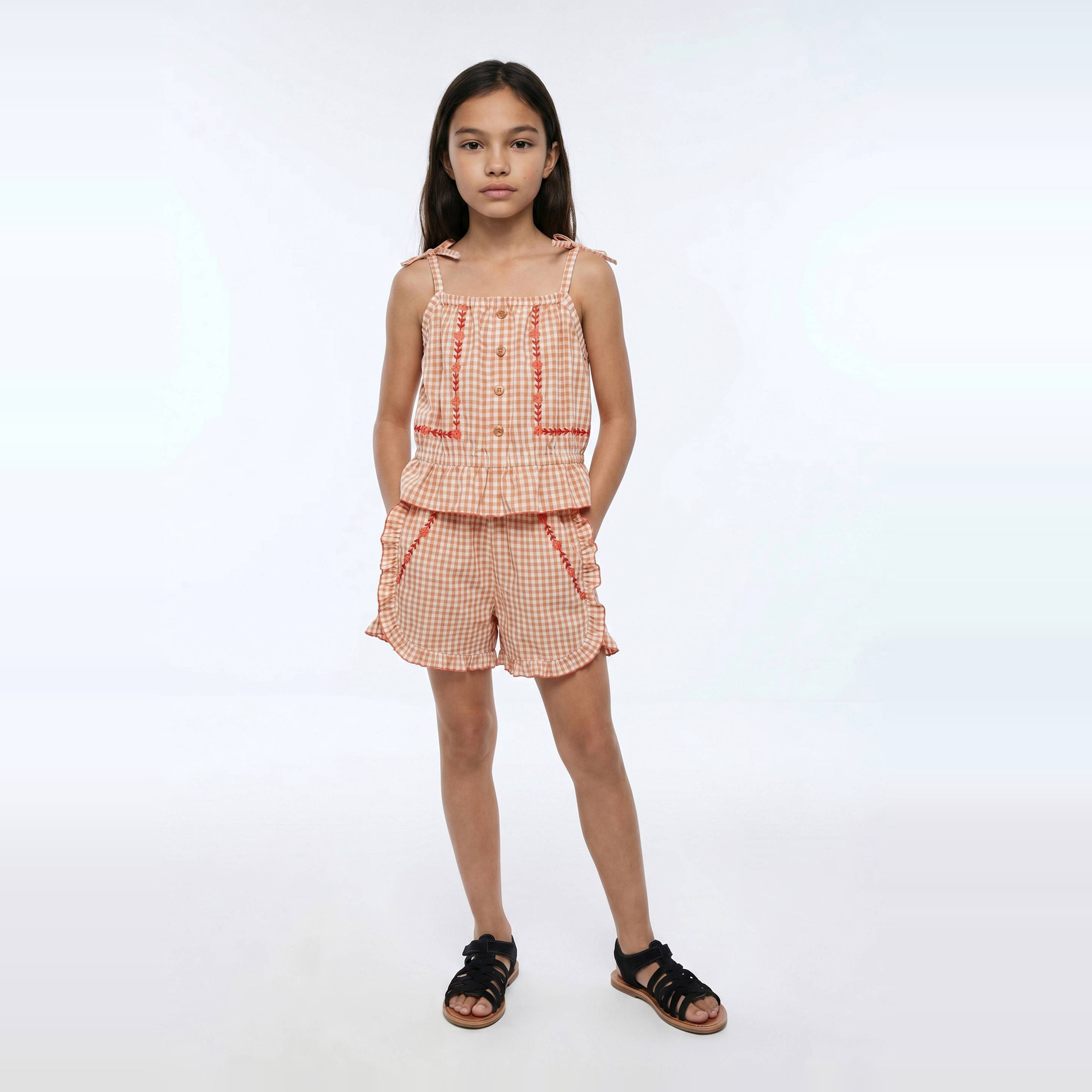 Short motif vichy brodé en coton, MONOPRIX