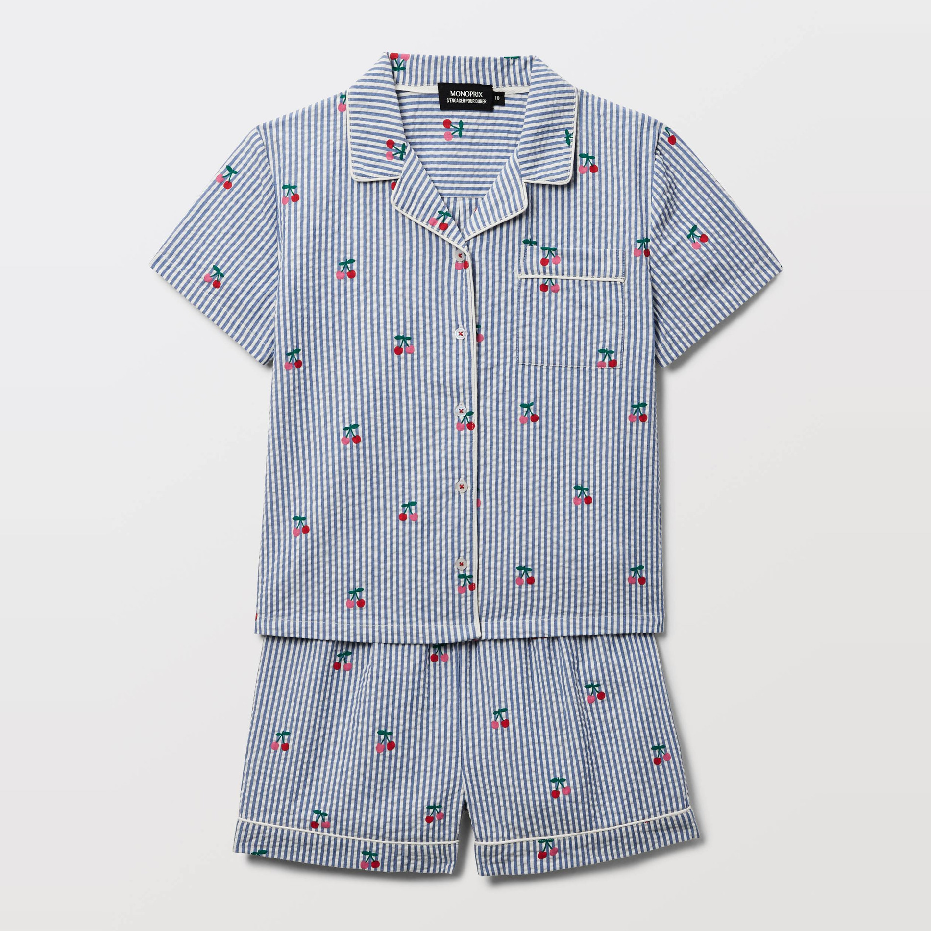 Pyjama chemise short en seesucker rayé en coton BIO GOTS, MONOPRIX