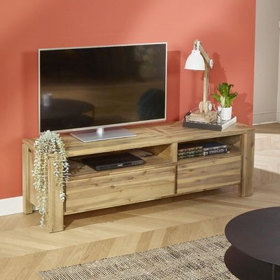 ENZO - Meuble TV style moderne en bois massif, 2 niches, 2 tiroirs ROBIN DES BOIS