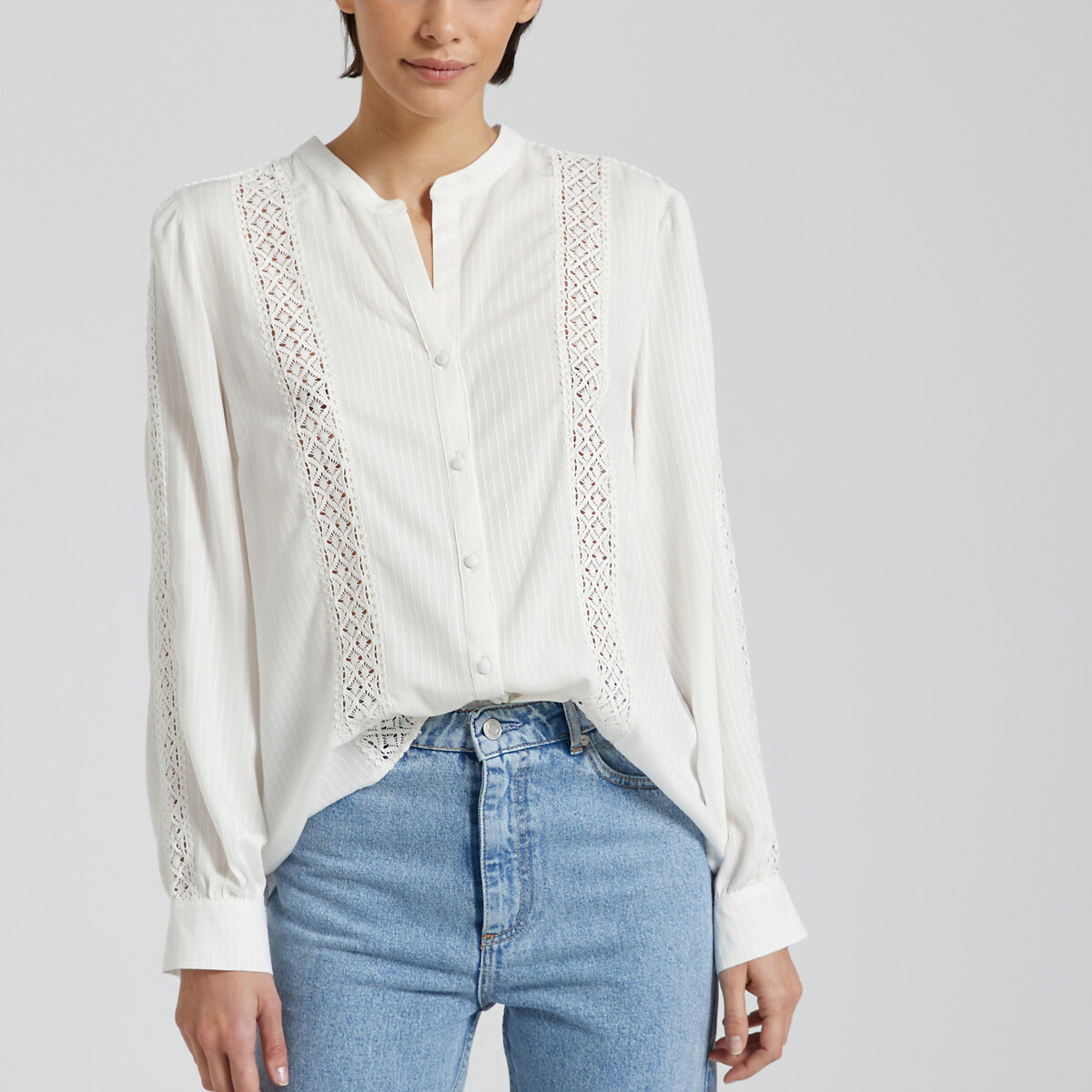 Image of Embroidered Mandarin Collar Blouse