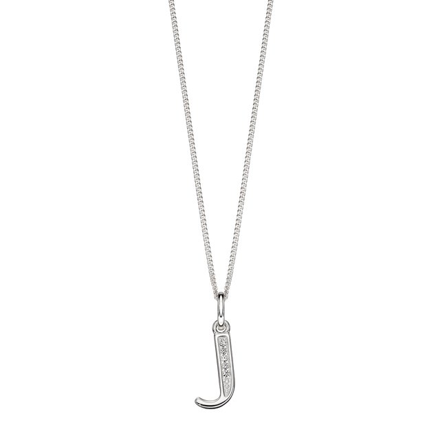 Sterling Silver Art Deco Initial 'J' Pendant with Cubic Zirconia Stone Detail, silver-coloured, BEGINNINGS