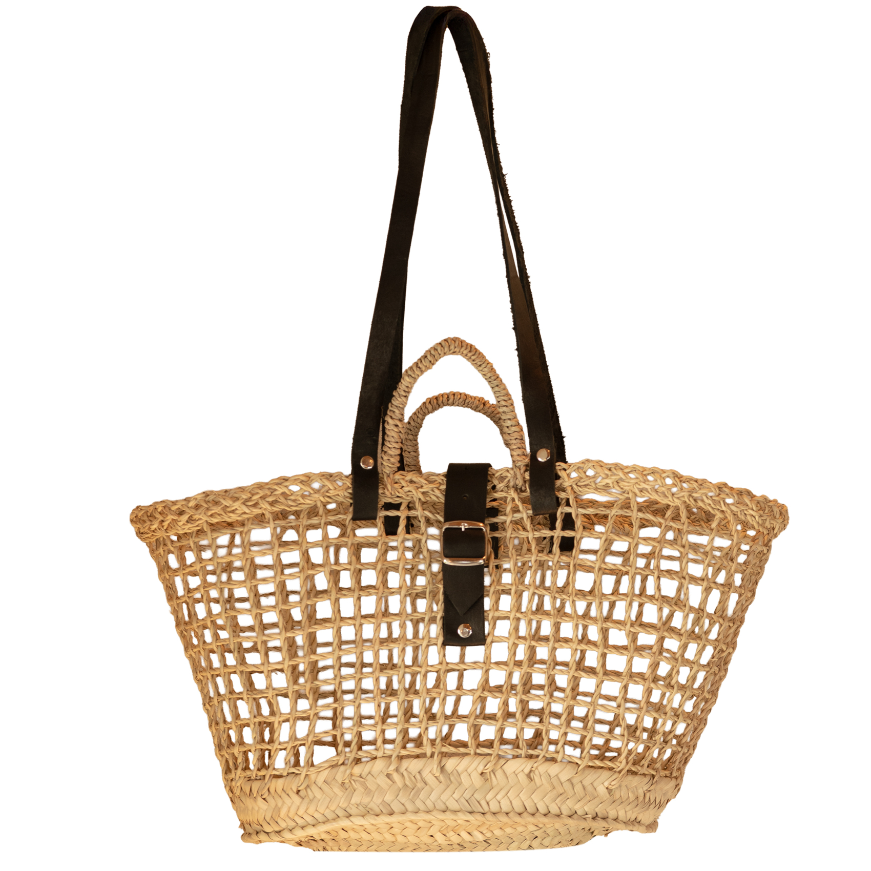 Sac panier en fibre de palmier et anses cuir noir, HOME MAISON