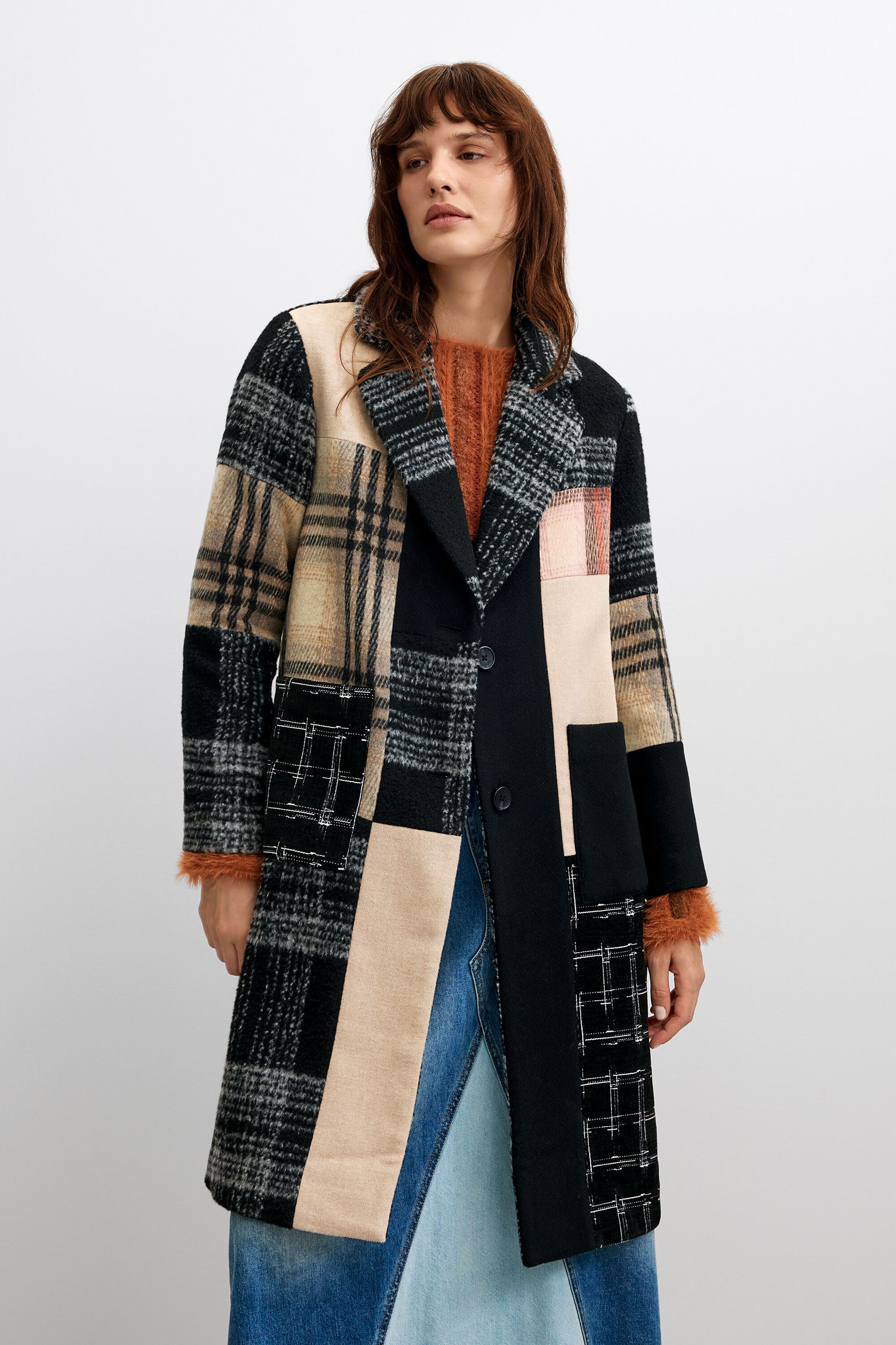 Manteau en laine à carreaux patch, DESIGUAL